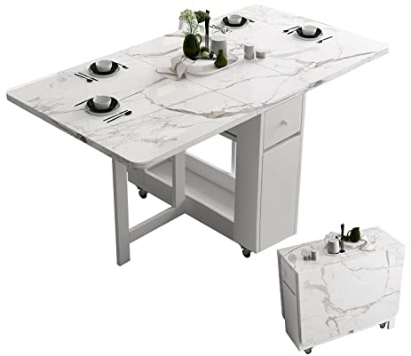 FUNROLUX Folding Dining Table with Rack and 2 Storage Drawers, Movable Extendable Space Saving Kitchen Table in 3 Forms (White)