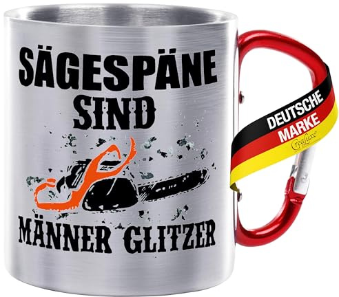 CreaLuxe Edelstahltasse mit Karabiner - Sägespäne sind Männerglitzer - 330ml, Tasse bedruckt, Kaffeetasse, Bürotasse, Metalltasse