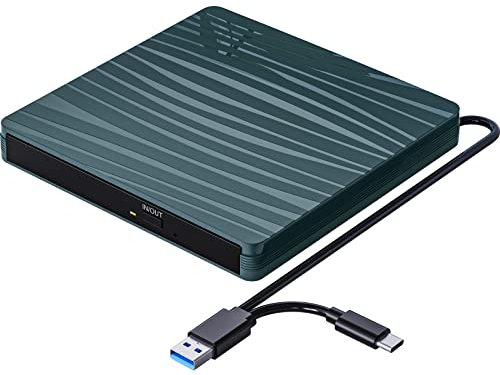 Lecteur CD DVD Externe, Graveur CD Externe avec USB3.0 Type-c, Ultra-Mince CD/VCD /-RW/ROM Portable Lecteur CD Externe pour PC, Desktops, Laptop, Mac, Macbook, Windows11/10/8/7/XP/Vista/MacOS, vert