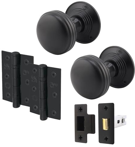 EAI Matt Black Door Knobs with Latch 76mm and Hinges, 1 Pack - Lined | Complete Latch Kit with 1 Pair of Lined Mortice 55mm Door Knobs for Internal Doors, 76mm Latch, 76mm Hinges, Fixings Included