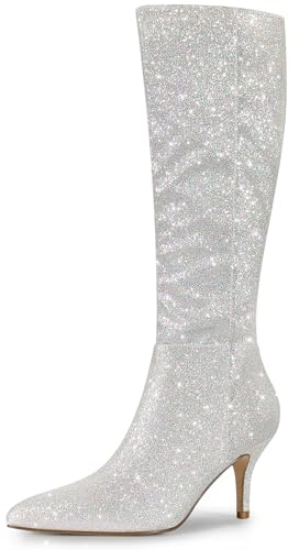 Allegra K Bottes à talon aiguille à bout pointu et paillettes pour femme, Argenté., 37 EU