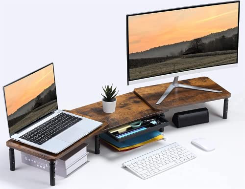 ETHU Dual Monitor Ständer, Höhenverstellbare Bildschirmerhöhung für 2 Monitore, Verstellbarer Monitor Stand mit Schublade & Telefonhalter, Monitorerhöhung Längen- & Winkelverstellung