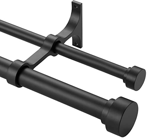 Heavy Duty Double Curtain Rods With Cylindrical Cap Finials 36 to 72 Telescoping 1 Inch Diameter Front and 5/8 Inch Diameter Back Window Drapery Rods, Matte Black