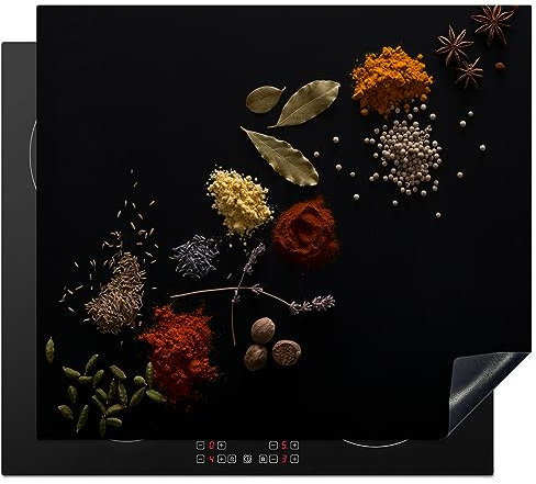 MuchoWow Herdabdeckplatte Ceranfeld Spritzschutz Küche Kräuter - Schwarz - Gewürze - Küche - Kochen 57.6x51.6 cm Induktionsherd Abdeckung Induktionskochfeld Ceranfeldabdeckung