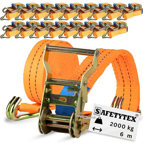 Safetytex Spanngurte Ratsche Haken 2000 kg 6 m 35 mm zweiteilig (20 Stück) | Zurrgurt, Ratschengurt, hochwertiges Polyester, sicherer Transport, zuverlässige Ladungssicherung, robust