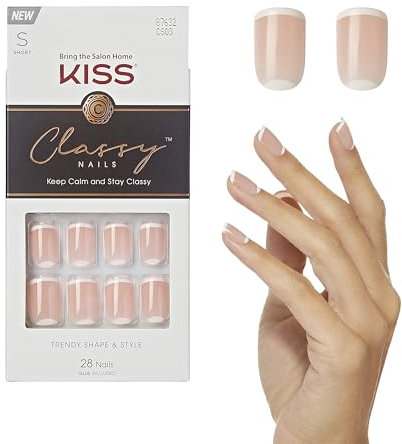 KISS Classy Press On Nails, 'Simple Enough', Nude, Short Size, Squoval Shape, Includes 28 Fake Nails, 2g Pink Gel Nail Glue, Manicure Stick, Mini file