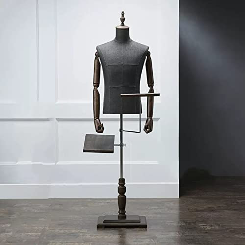 XILYZMO Schneiderpuppe, Leinenstoff Gliederpuppe Torso, Halb Körper Modell, Abnehmbar Schuhhalterung Hosenständer Schneiderpuppe, Mit Massivholz-Arm KKCF (Farbe : Schwarz, Größe : D)