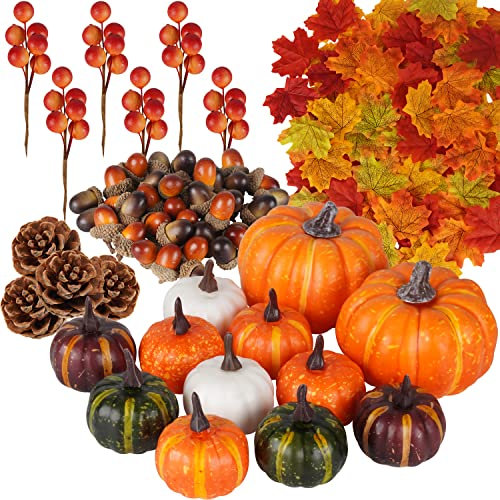 Miaikoe 162 Pcs Herbst Künstliche Ahornblätter, Ernst Kürbisse, Eicheln, Kiefernzapfen und Orange Beere Stämme Set für Herbst Thanksgiving Halloween Feiertagsparty Dekoration