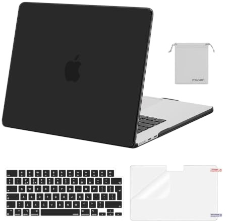 MOSISO Kompatibel mit MacBook Air 15 Zoll Hülle M5 M4 M3 M2 2026 2025-2023 | Ultradünne Hartschale Hülle & Tastaturabdeckung & Displayschutz & Beutel A3448 A3241 A3114 A2941, Schwarz