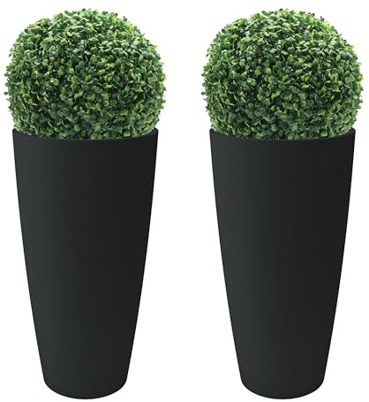 Nicoli Vaso Alto Style 36x70 cm con 2 Pezzi Bosso Artificiale – Vaso Decorativo da Interno ed Esterno in Plastica Resistente – Vaso per Piante con Sottovaso Estraibile – Colore Nero
