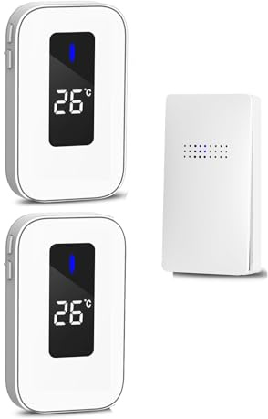 Sonnette sans Fil,Carillon sans Fil sans Pile, Bouton Sonnette Auto-Alimenté Kit Carillon Électronique Affichage de la température avec 38 sonneries, 4 Mode Volume pour Maison, Bureau (Blanc, 1+2)