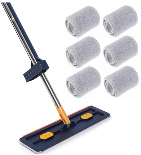 Flachwischer mit 6 Wischpads, Waschfest, PVC und Legierung, Blau | Badezimmer Reinigungsmopp, Handwäschefrei, Auspressleiste, Gründliche Säuberung, für Glatte Flächen