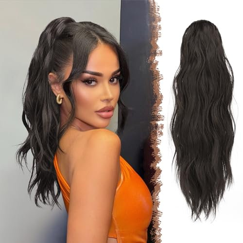 FESHFEN Extension Queue de Cheval Pince, Postiche Cheveux Naturel Ondulées Ponytail Longue Marron Noir Extensions de Cheveux Synthétique Fausse Queue Cheval pour Femme, 50 cm
