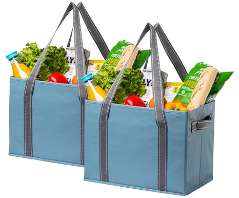 VENO 2 Pack Reusable Grocery Bags, Shopping Bags for groceries, Extra Large Utility Tote with Handles and Hard Bottom, Foldable Cart Organizer, Multi-Purpose, Heavy-Duty (Light Blue, 2 Pack) | Water Resistant, Storage Box w/ Sturdy Side Handles & Hard Bottom, Foldable for Groceries Shopping Cart(Blue, 8 Gallon)