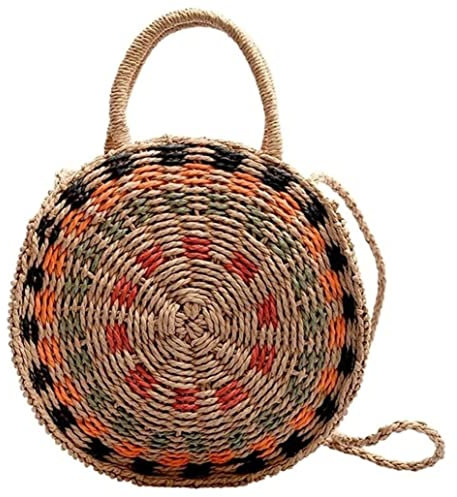 ASHSDI Strohtaschen Damen Runde Tasche Handgestrickte Kontrastfarbene Strandtasche Schultertasche Mit Großem Fassungsvermögen Sommer Strohsack Strandtasche (Color : A)