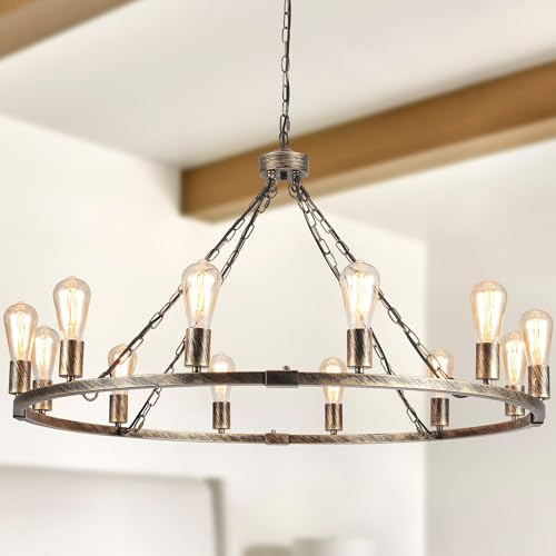 Eoodis hängande ljuskrona i lantlig stil med 12 lampor, rund vagnshjulsdesign Ø100 cm, höjdjusterbar taklampa för matsal, kök, vardagsrum och sovrum (guld)