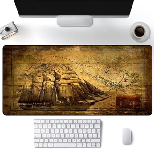 XXL Gaming Mauspad 1200x600x2mm Erweiterte Groß Mousepad Schreibtisch Pad, genähte Kanten Mauspad, langlebig,Rutschfester Gummiboden, Widerstandsfähig für PC Gamer Büro Vintage Segelboot