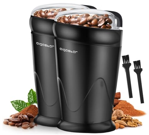 Aigostar Kaffeemühle Elektrisch Gewürzmühle Kaffee Mühle für Kaffeebohnen, Getreide, Gewürze und Nüsse, Edelstahl Schlagmesser, 60g Bohnenbehälter, Elektrische Propellermühlen, 200 Watt, 2 Stück