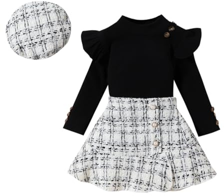 UUAISSO Vestiti per Bambine Maniche Lunghe Top a Coste Motivo Scozzese in Tweed Gonna Basco Bottoni Set Di Abiti