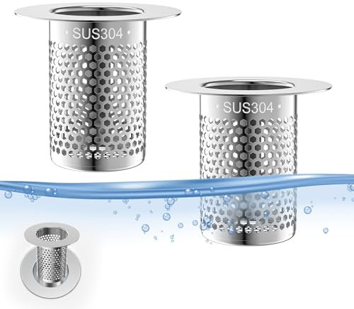 2 Pezzi Filtro Lavandino Acciaio Inox per Bagno e Cucina con Tappo, Protezione Capelli, 5.5 * 5.3 * 3.3 CM