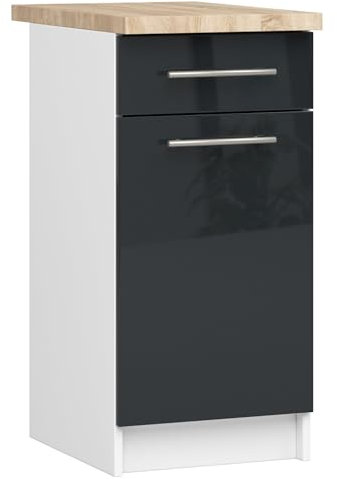 AKORD | Küchenschrank mit Arbeitsplatte - Oliwia S40 | Küchenunterschrank mit Tür, Schublade und 2 Einlegeböden | Unterschrank Küche 40 cm Breit | ABS 18 mm | 46 x 40 x 85 cm | Weiß & Graphit glänzend