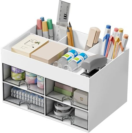 Schreibtisch Organizer mit 4 Fächern und 4 Schubladen–Multifunktionaler Büroorganizer,Platzsparender Desk Storage Box für Stiftehalter,Fernbedienung und kleine Büroartikel für Zuhause,Büro,Schule