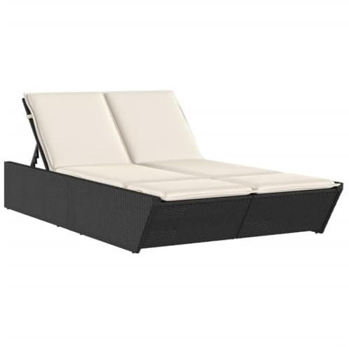 Emmtore Doppel Sonnenliege, Gartenliege mit Auflagen, Doppelliege für Garten Terrasse, Relaxliege Sonnenbett Gartenmöbel,Poly Rattan Doppel Sonnenliege,Schwarz