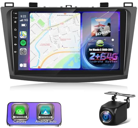 2G+64G Autoradio Android per Mazda 3 2009-2013, Radio Touchscreen da 9 Pollici con Carplay Wireless e Android Auto/WiFi/GPS/Bluetooth/EQ/Radio FM RDS+Telecamera di Backup