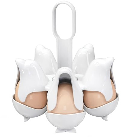 Asltw Dolphin Egg Holder Rack, 5 Egg Boiling Tray with Flip Top 10 Egg Storage, Heat Resistant Handle, Multi Purpose Egg Poacher for Cooking, Fridge Organizing & Serving (White)