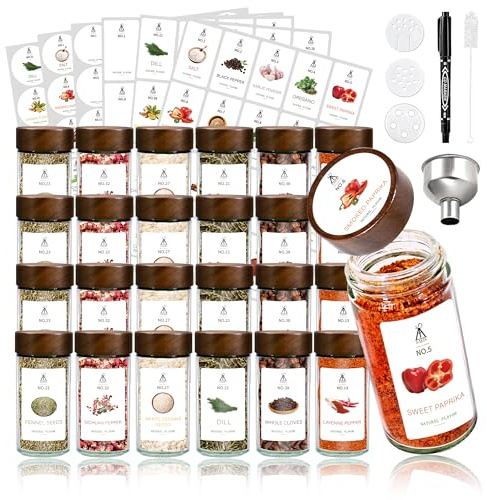 SAEIV Set de 24 ronds bocaux à épices avec couvercles en bois d'acacia, avec étiquettes, entonnoir et brosse, pour le stockage des épices, l'organisation de la cuisine et le rangement des épice