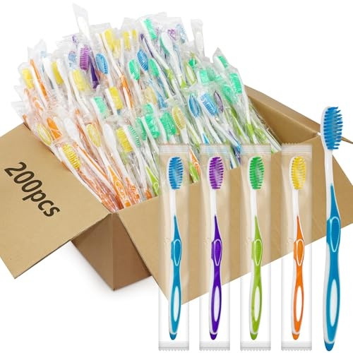 Lot de 200 Brosses à Dents Jetables en Gros, Brosse à Dents Manuelle Individuellement Emballée, Poils Souples pour Hôtel, Voyage, Invités, Dons, Sans-abri, 4 Couleurs