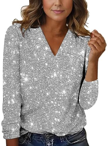 Generisch Glitzer Top Silber mit Pailletten V-Ausschnitt, Elegantes, einfarbiges, langärmliges Oberteil Wein Pullover