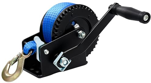 FreeTec 1200lbs Hand Winch Hand Crank Strap Gear Winch with 26ft Blue Polyester Strap for ATV Boat Trailer Heavy Duty