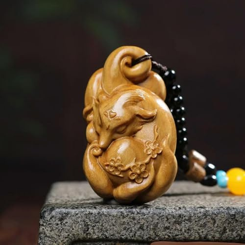YOYOBO Arte Antiguo Antiguo boj japonés Tallado a Mano Hermosa Estatua de Zorro Animal Netsuke Decoración Colgante Regalo Coleccionable