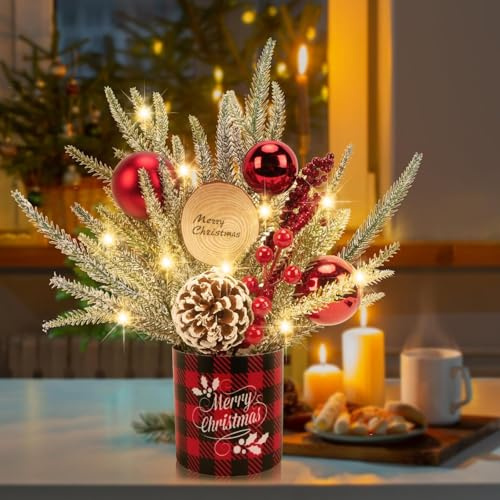 GTIDEA Small Christmas Tree with Lights, 13.4 Artificial Mini Tabletop Christmas Tree with Xmas Ball Ornaments Pine Cone Berry for Home Desktop Party Christmas Table Centerpieces Decorations