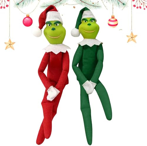 Grin-ch Kuscheltier Christmas, 2 Stuck Green PlüSchtier Elf mit Weihnachtsmütze, Grin-ch Plüschtier, Elf Plüschtier Kuscheltier Spielzeug, Weihnachtself Puppe, Xmas Geschenke für Haus Dekoration
