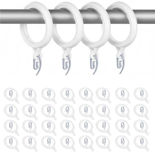 32 Pack Curtain Rings and Hooks - Noise-Reducing White Curtain Rings 40mm with Plastic Hooks, Smooth-Glide Pole for Home Living Room & Bedroom
