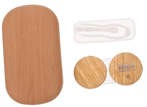 Gogogmee Vintage Leather Wood Grain Large Double Eye Case with Mirror Practical Contact Storage Box for Travel and Outdoor Use Safe Soak Container for Eyes in Light Brown