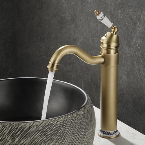 BiaoTeng Miscelatore Lavandino Bagno Vintage Alto Caldo e Freddo Ottone Rubinetto Alto Bagno Lavabo da Appoggio Antico