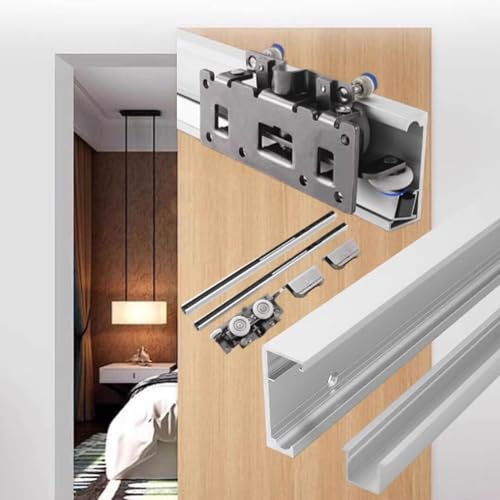 Kit Porte Coulissante Porte de Grange Coulissante avec Miroir et Rail Dissimulé, Ferrures de Porte de Placard Invisibles, Kit de Fermeture Amortie pour Porte Escamotable Murale(49.2in/125cm)