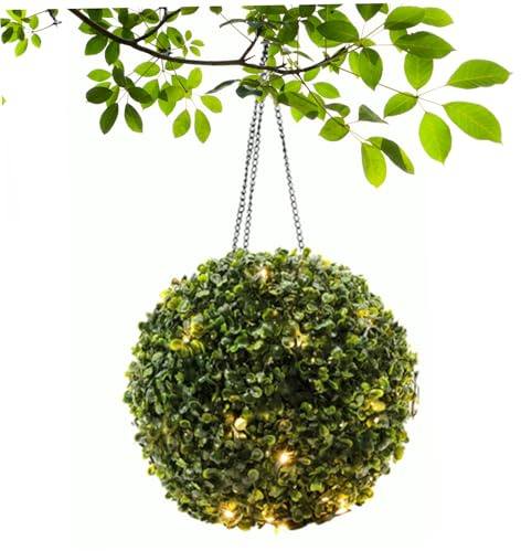 Latemeia Topiary Balls with Solar Lights Hanging Topiary Ball Artificial Boxwood Ball for Wedding Garden Decor, Green 9.5x18.3 inch, Decoración del hogar