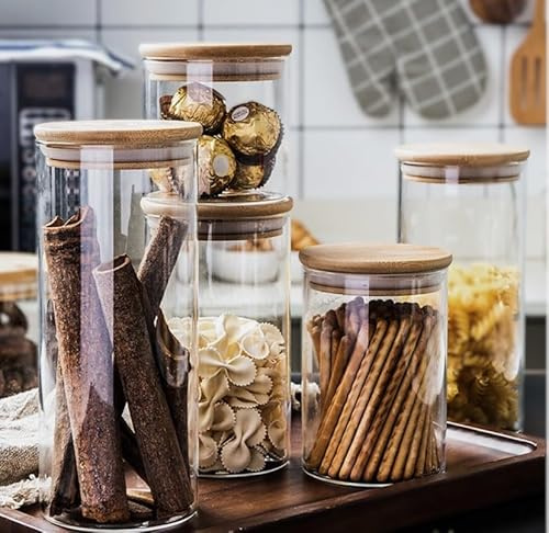KWARE Glass Storage Jars [Set of 5],Clear Glass Food Storage Containers with Airtight Bamboo Lid Stackable Kitchen Canisters for Candy,Cookie,Rice,Sugar,Flour,Pasta,Nuts and Spice Jars