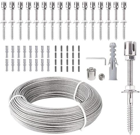 Soporte para Plantas Trepadoras En Acero Inoxidable,16m,Sistema Profesional Completo,Incluye Soportes Pared y Cable Acero De 3 mm,para Fijación En Espaldera,Jardines,Casas