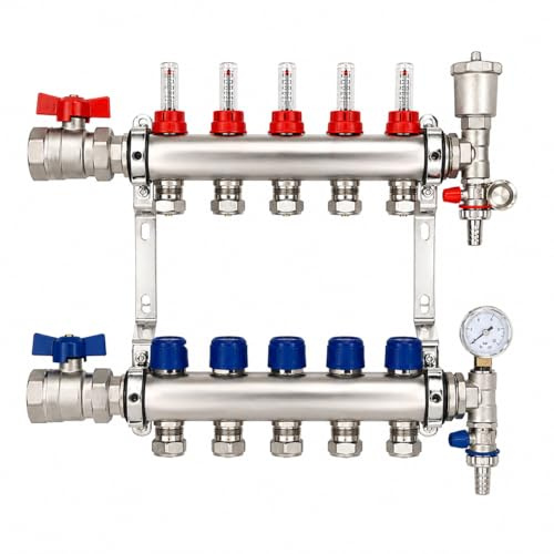 Underfloor Heating Manifold 5 Port Stainless Steel, 15mm eurocone | Pipe Connections, 1inch Ball Valves, Pressure Gauge, Automatic Air Vent