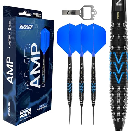 RED DRAGON Darts - AMP Serie - 90% Tungsten Profi Dartpfeile - NitroFlite Integrierter Flug/Schacht | Dart Pfeile Steeldarts 20g, 21g, 23g, 24g & 26g | Weiche Spitze 18g