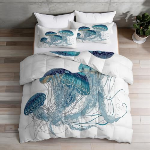 Barntäcke, 260 x 240 cm, tropiskt vitt, blått för flicka pojke - sängkläder för 1 person, lätt och mjukt - alla årstider, maneter och marinvarelse täcke med 2 örngott