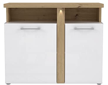FORTE Tuluza Kommode mit 2 Türen, Holzwerkstoff, Weiß/ Artisan Eiche kombiniert mit Weiß Hochglanz, 43 x 85,9 x 103,5 cm