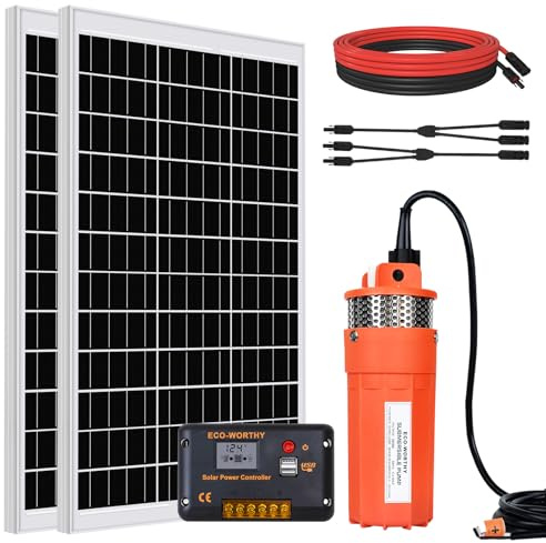 DCHOUSE Kit de Bomba de Agua Solar | 2 Paneles Solares de 100W, Bomba para Pozo Profundo 12V DC (No incluye el ramo Y)