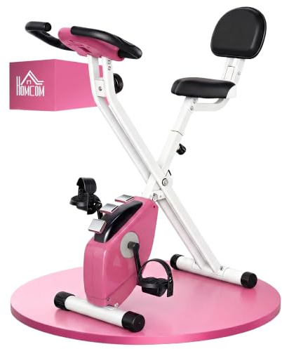 HOMCOM Bicicleta Estática Plegable con Respaldo 8 Niveles 110 kg | Bici Estática, Resistencia Magnética, Volante, Pantalla LCD, Pulsómetro, Sillín Ajustable, para Hogar, Ahorra Espacio
