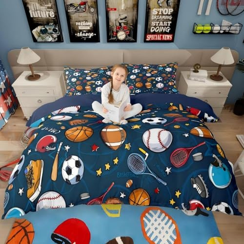 Baseball Bedding Set Football Rugby Basketball Comforter Cover for Kids Boys Girls Youth Ball Sports Themed Duvet Cover Soccer Football Game Volleyball Reversible Quilt Set Queen Size Bedroom Decor